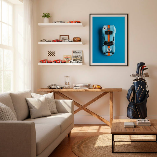 Ford GT40 - Affiche Fine Art Bleu et Orange Gulf - Tirage Premium - Octane Studio