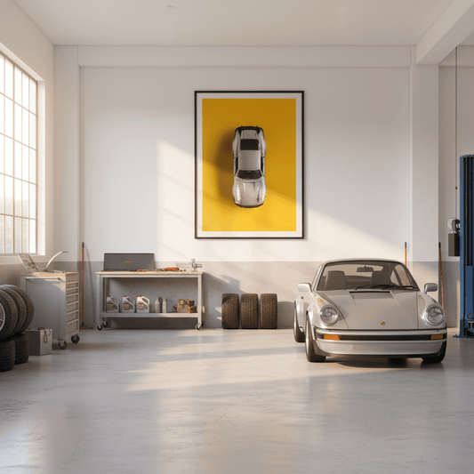 Porsche 911 - Affiche Fine Art Jaune et Gris - tirage Premium - Octane Studio